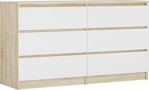 Komoda 6 zásuvek, barva: dub Sonoma / matná bílá, 138 x 78 x 39 cm