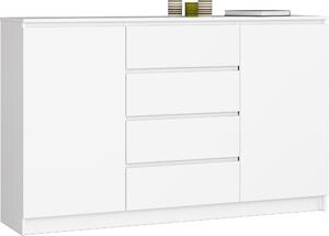 Bílá komoda o íce 160 cm se 4 zásuvkami a 2 dvíky, do lonice a obývacího pokoje, univerzální do pedsín a dtského pokoje
