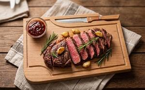 AMADEA Dřevěné prkénko na steak s nožem a miskou, masivní dřevo, 30x20x1,5 cm