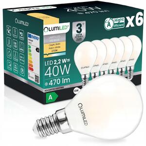 6x LED žárovka E14 kulička P45 2,2W 470lm = 40W 2700K 360° filament TŘÍDA A