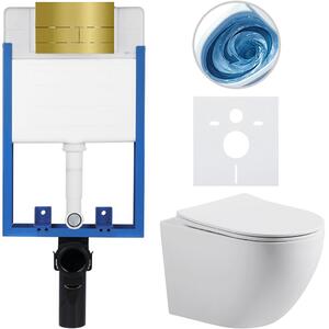 Kompletní WC set Profi/Cesso - bílá matná - WC tlačítko Line. zlatá - pro zazdění - 49x36 cm