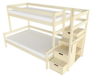 Patrová postel LUCKY s úložnými schody 90x200, 120x200 cm - Nelakovaná, Zvolte šuplík: Bez šuplíku, Zvolte stranu: Vpravo
