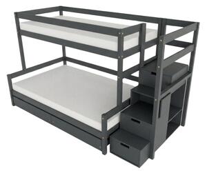 Patrová postel LUCKY s úložnými schody 90x200, 120x200 cm - Tmavě šedá, Zvolte šuplík: Dvojitý úložný šuplík, Zvolte stranu: Vpravo