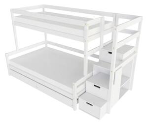 Patrová postel LUCKY s úložnými schody 90x200, 120x200 cm - Bílá, Zvolte šuplík: Dvojitý úložný šuplík, Zvolte stranu: Vpravo