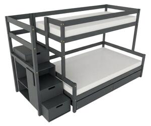Patrová postel LUCKY s úložnými schody 90x200, 120x200 cm - Tmavě šedá, Zvolte šuplík: Dvojitý úložný šuplík, Zvolte stranu: Vlevo