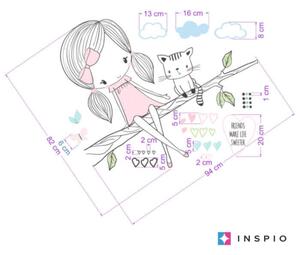 INSPIO-textilní přelepitelná samolepka - Dětské samolepky na zeď - INSPIO víla na větvi s kočičkou v růžovém provedení
