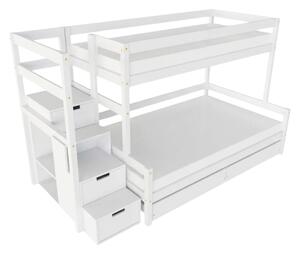 Patrová postel LUCKY s úložnými schody 90x200, 120x200 cm - Bílá, Zvolte šuplík: Dvojitý úložný šuplík, Zvolte stranu: Vlevo