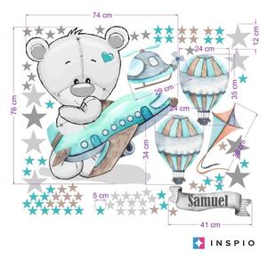 INSPIO-textilní přelepitelná samolepka - Samolepky na zeď pro kluky - Medvídek s letadlem a balóny