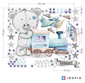 INSPIO-textilní přelepitelná samolepka - Samolepka na zeď pro kluky - Medvídek a vláček