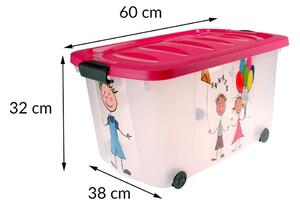 Růžový box na hračky KIDS, s růžovým víkem, na kolečkách