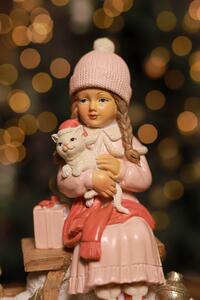 Růžová vánoční figurka holčička na sáňkách 16cm