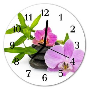 Nástenné skleněné hodiny orchidej fi 30 cm