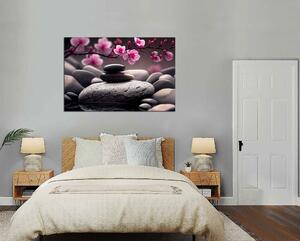 Obraz na plátně Růžové květy a zen kameny