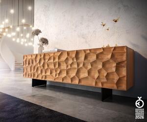 DELIFE TV stolek Solu 175 cm akácie přírodní 2 dvířka 2 zásuvky závěsná kovová podnož černá 3D přední panel
