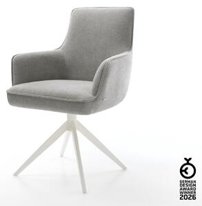 DELIFE Jídelní židle Heira-Flex s područkami strukturovaná látka Měkký šedá křížová podnož široká bílá 360° otočný houpací funkce taštičkové pružiny