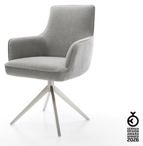 DELIFE Jídelní židle Heira-Flex s područkami strukturovaná látka Měkký šedá křížová podnož široká nerezová ocel 360° otočný houpací funkce taštičkové pružiny