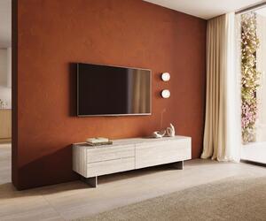 DELIFE TV stolek Cuor 180 cm keramika Laminam® Travertino Bianco krémově bílá 1 výklopná dvířka 2 zásuvky podnož závěsná nerezová ocel