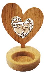 AMADEA Dřevěný svícen srdce s vkladem - sovy, masivní dřevo, výška 12 cm