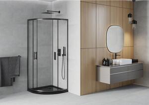 Mexen Rio půlkruhový sprchový kout 80 x 80 cm, Průhledné, Černá + sprchová vanička Flat, Černá