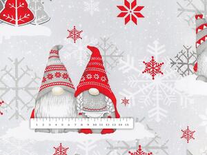 Vánoční bavlněná látka/plátno Sandra SA-133 Červení skřítci na světle šedém - šířka 160 cm