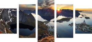 5-dílný obraz okouzlující horská panorama se západem slunce - 100x50 cm