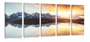 5-dílný obraz oslnivý západ slunce nad horským jezerem - 100x50 cm