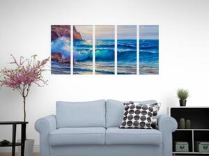 5-dílný obraz mořské vlny na pobřeží - 100x50 cm