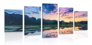 5-dílný obraz romantický západ slunce v horách - 100x50 cm