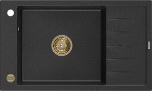 MEXEN/S - Elias granitový dřez 1 s odkapávačem 795 x 480 mm, černá/stříbrný metalik, + zlatý sifon 6511791005-73-G