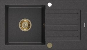MEXEN/S - Pablo granitový dřez 1 s odkapávačem 752 x 436 mm, černá kropenatá, + zlatý sifon 6510751010-76-G