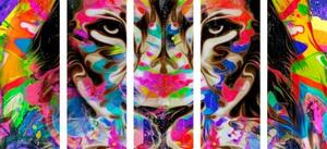 5-dílný obraz barevná hlava lva - 100x50 cm