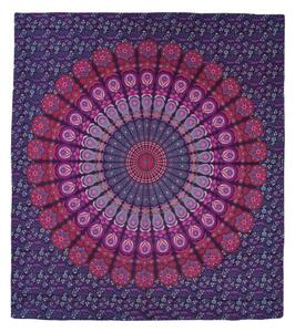 Přehoz na postel, barevná paví mandala, 230x202cm, fialovo-růžový