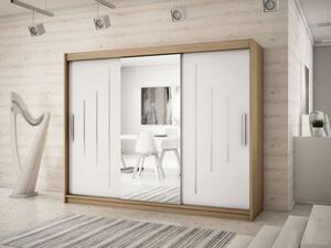 Velká šatní skříň s posuvnými dveřmi a zrcadlem Anna 250 v barvě dub sonoma-bílá