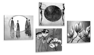 Set obrazů v černobílém etno provedení - 4x 40x40 cm
