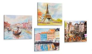 Set obrazů malované města v pastelových barvách - 4x 40x40 cm