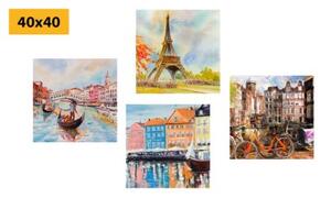 Set obrazů malované města v pastelových barvách - 4x 40x40 cm