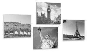 Set obrazů černobílé historické památky - 4x 40x40 cm