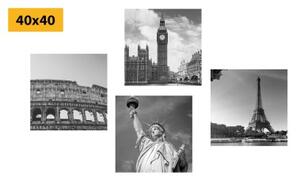 Set obrazů černobílé historické památky - 4x 40x40 cm