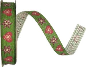 Stuha vánoční lněná HEARTS & STARS GREEN zelená 15mm x 3m (9,-Kč/m)