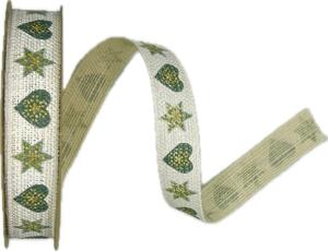 Stuha vánoční lněná HEARTS & STARS WHITE GREEN bílá 15mm x 3m (9,-Kč/m)