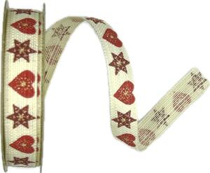 Stuha vánoční lněná HEARTS & STARS RED krémová 15mm x 3m (9,-Kč/m)