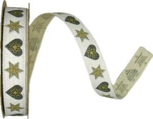 Stuha vánoční lněná HEARTS & STARS GRAY bílá 15mm x 3m (9,-Kč/m)
