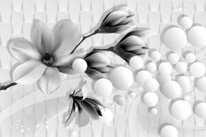 Tapeta černobílá magnolie s abstraktními prvky