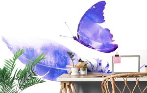 Samolepící tapeta pírko s motýlem ve fialovém provedení