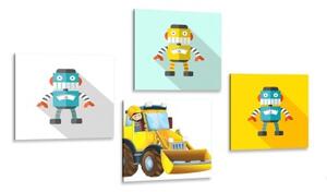 Set obrazů roboti se žlutým autem - 4x 40x40 cm