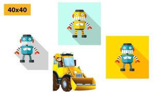 Set obrazů roboti se žlutým autem - 4x 40x40 cm