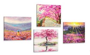 Set obrazů nádherná imitace olejomalby v růžové barvě - 4x 40x40 cm