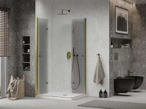 Mexen Lima Duo, sprchový kout se skládacími dveřmi 90 (dveře) x 80 (dveře) cm, 6mm čiré sklo, zlatý profil + slim sprchová vanička bílá + zlatý sifon, 856-090-080-50-02-4010G