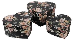 Sada 3 černých úložných boxů ve tvaru srdce s motivem dopisů a motýlků – 28x26x14/24x23x12/21x20x10 cm
