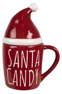 Červený keramický hrneček s nápisem Santa candy a červenou čepičkou na hrneček – 300 ml